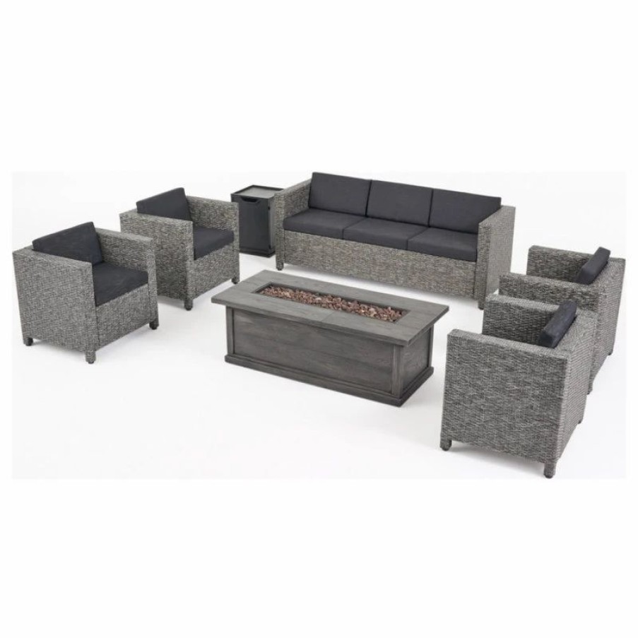 Outdoor Lounge Furniture * | Gdfstudio Simona Outdoor 7 Seater Wicker Set With Fire Pit, Mix Black/Dark Gray/Gray