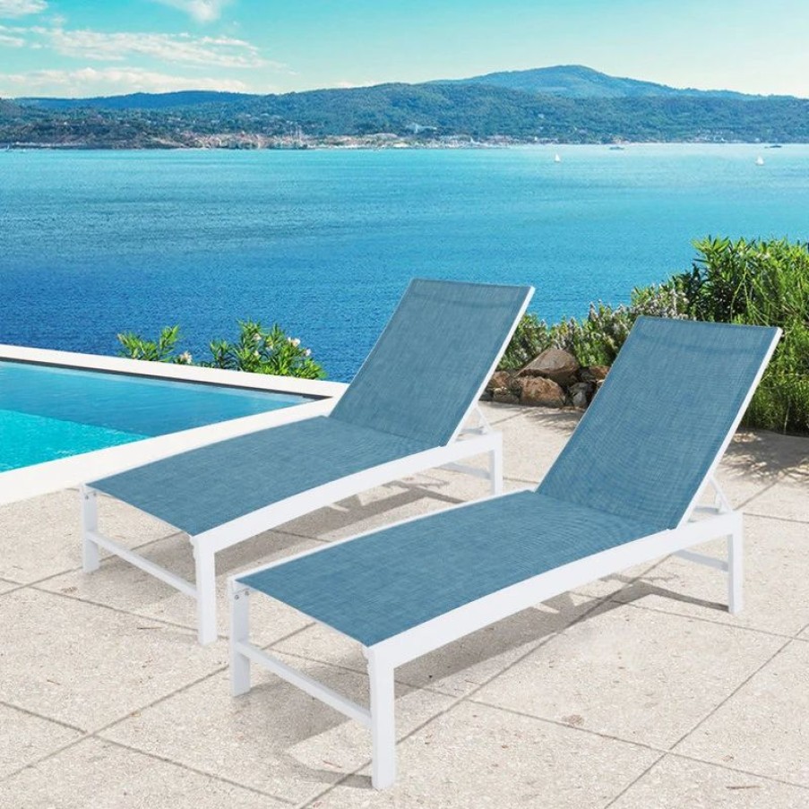 Outdoor Chairs * | Crestlive Products Outdoor Patio Aluminum Adjustable Chaise Lounge Chairs (Set Of 2), Blue