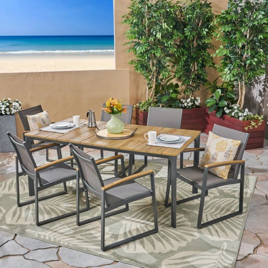 Outdoor Dining Furniture * | Gdfstudio Gdf Studio 7-Piece Buster Outdoor Aluminum And Mesh Dining Set With Wood Top, Na