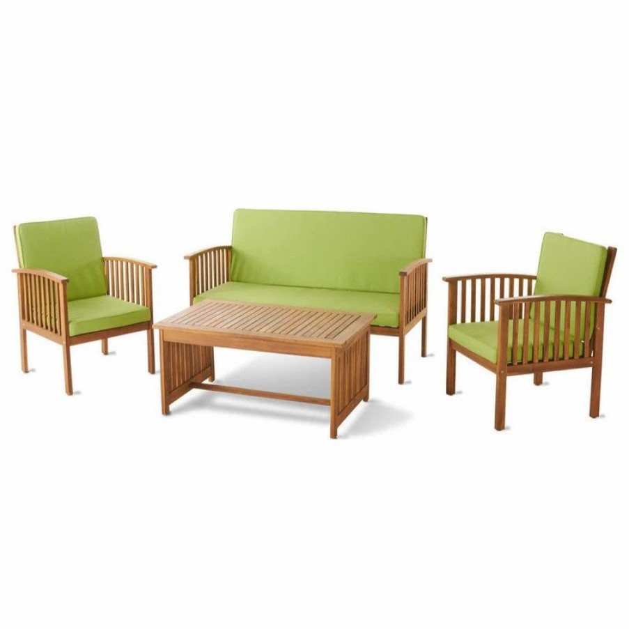 Outdoor Lounge Furniture * | Gdfstudio Gdf Studio 4-Piece Caresta Outdoor Acacia And Light Green Cushions Sofa Set