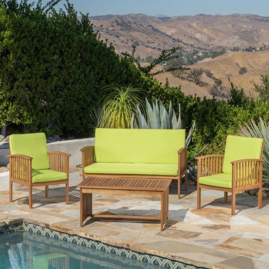 Outdoor Lounge Furniture * | Gdfstudio Gdf Studio 4-Piece Caresta Outdoor Acacia And Light Green Cushions Sofa Set