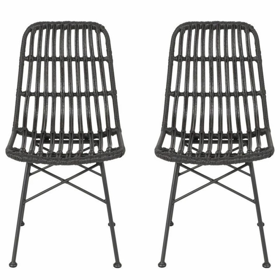 Outdoor Chairs * | Gdfstudio Yilia Outdoor Wicker Dining Chairs, Set Of 2, Gray, Black