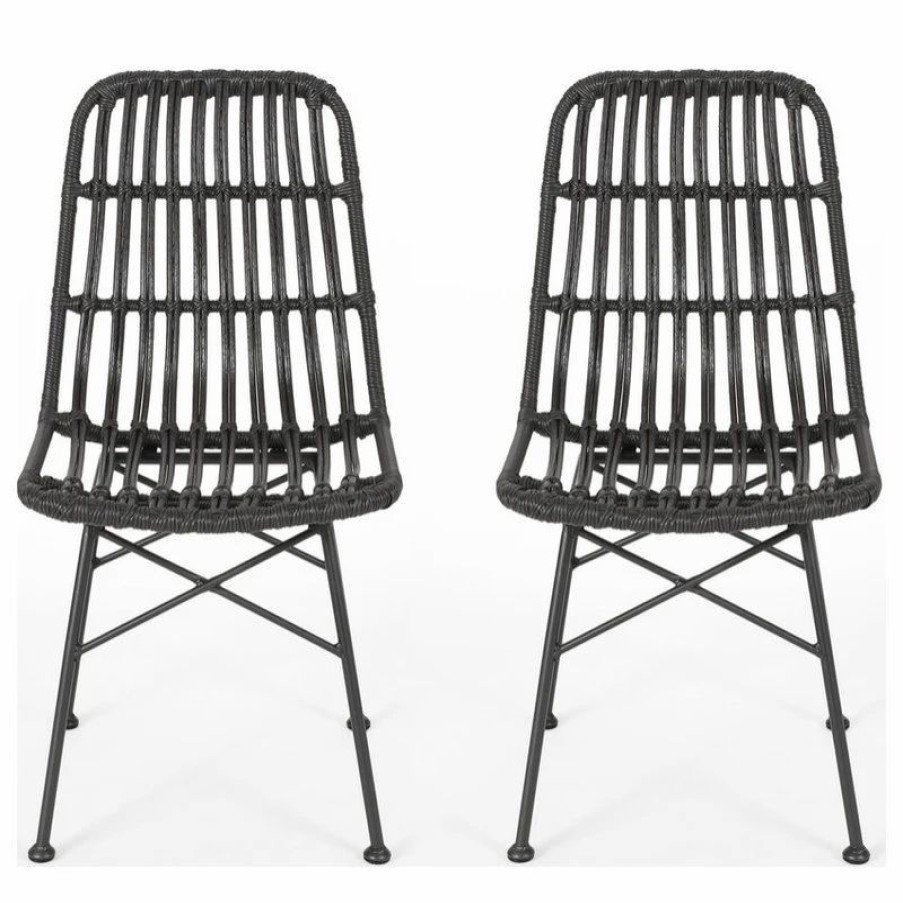 Outdoor Chairs * | Gdfstudio Yilia Outdoor Wicker Dining Chairs, Set Of 2, Gray, Black