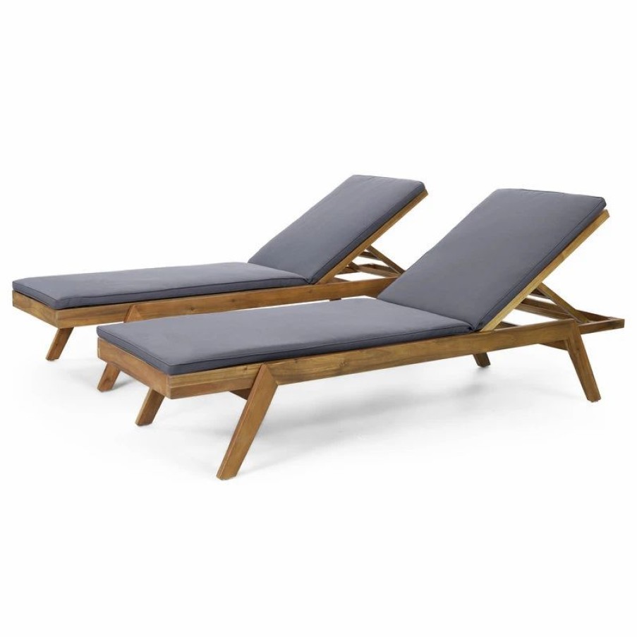 Outdoor Chairs * | Gdfstudio Larimore Outdoor Acacia Wood Chaise Lounge With Cushions (Set Of 2), Dark Grey +