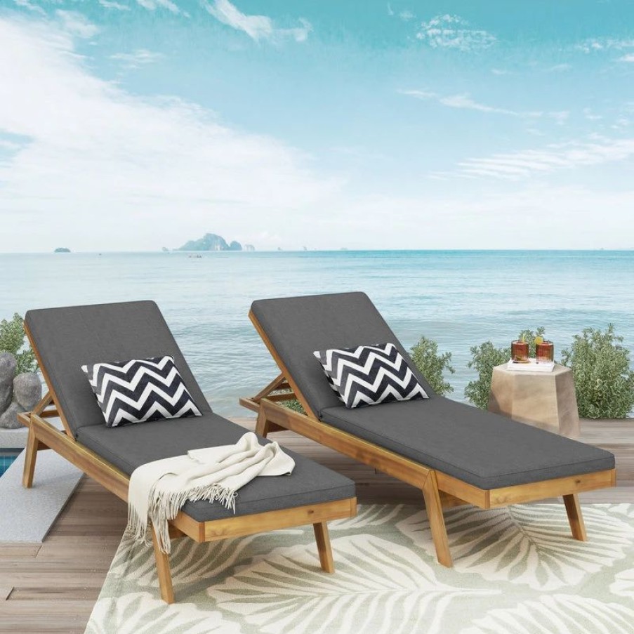 Outdoor Chairs * | Gdfstudio Larimore Outdoor Acacia Wood Chaise Lounge With Cushions (Set Of 2), Dark Grey +