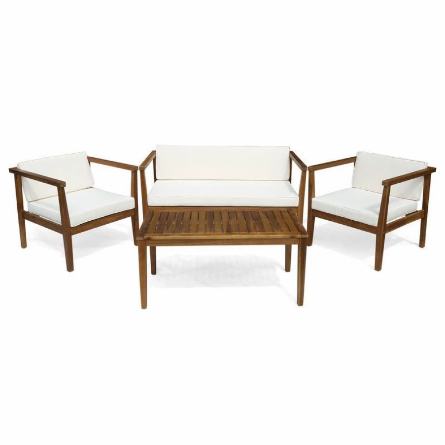 Outdoor Lounge Furniture * | Gdfstudio Gdf Studio Maddox Outdoor 4-Seater Acacia Wood Chat Set With Coffee Table, Teak