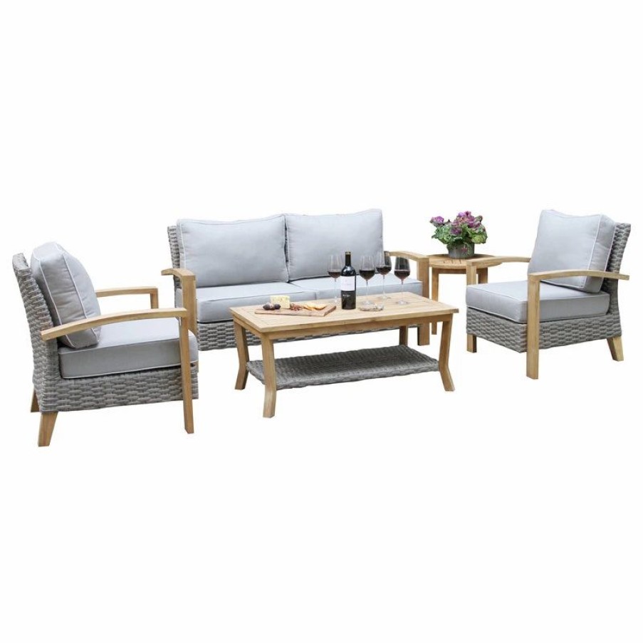 Outdoor Lounge Furniture * | Outdoor Interiors Teak And Gray Wicker 4-Piece Seating Group