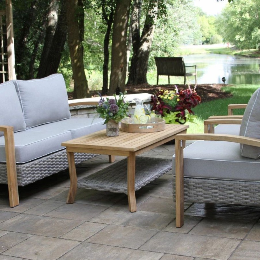 Outdoor Lounge Furniture * | Outdoor Interiors Teak And Gray Wicker 4-Piece Seating Group