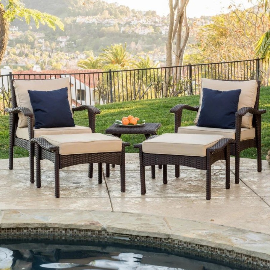 Outdoor Lounge Furniture * | Gdfstudio Gdf Studio 5-Piece Maui Outdoor Brown Wicker Seating With Cushions Set