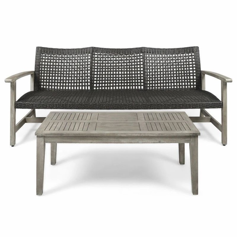 Outdoor Lounge Furniture * | Gdfstudio Beacher Belloc Outdoor Wood, Wicker Sofa, Coffee Table Set, Black, Light Gray