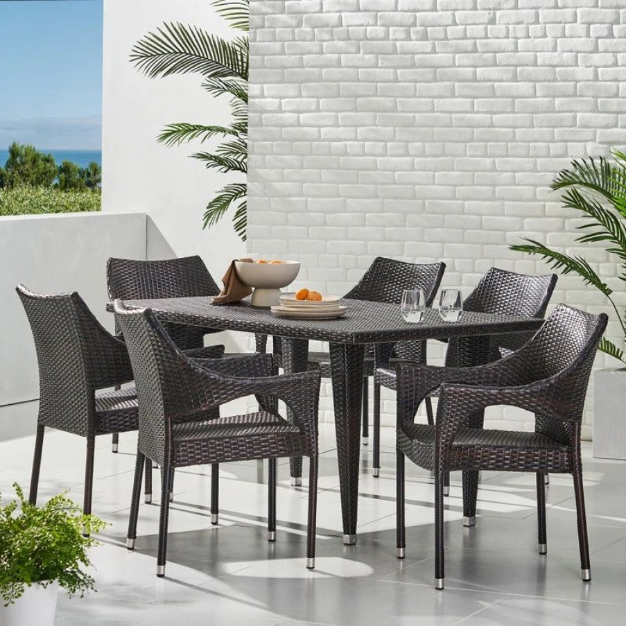 Outdoor Dining Furniture * | Gdfstudio Gdf Studio 7-Piece Del Mar Outdoor Wicker Dining Set