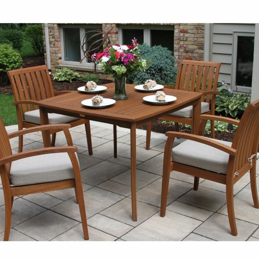 Outdoor Dining Furniture * | Outdoor Interiors 5-Piece Eucalyptus Dining Set With Deluxe Danish Stacking Chairs