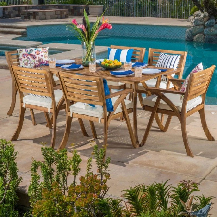 Outdoor Dining Furniture * | Gdfstudio Gdf Studio Baia 7-Piece Acacia Wood Outdoor Dining Set