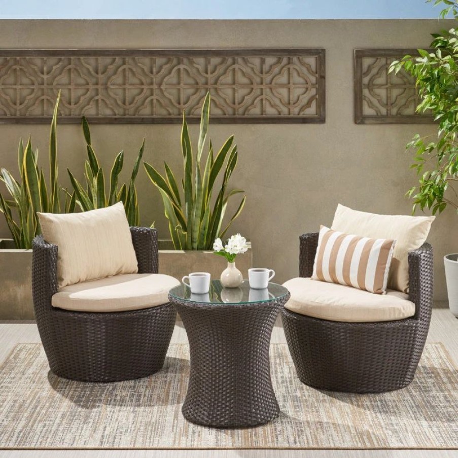 Outdoor Lounge Furniture * | Gdfstudio Kyoto Outdoor 3-Piece Brown Wicker Chat Set