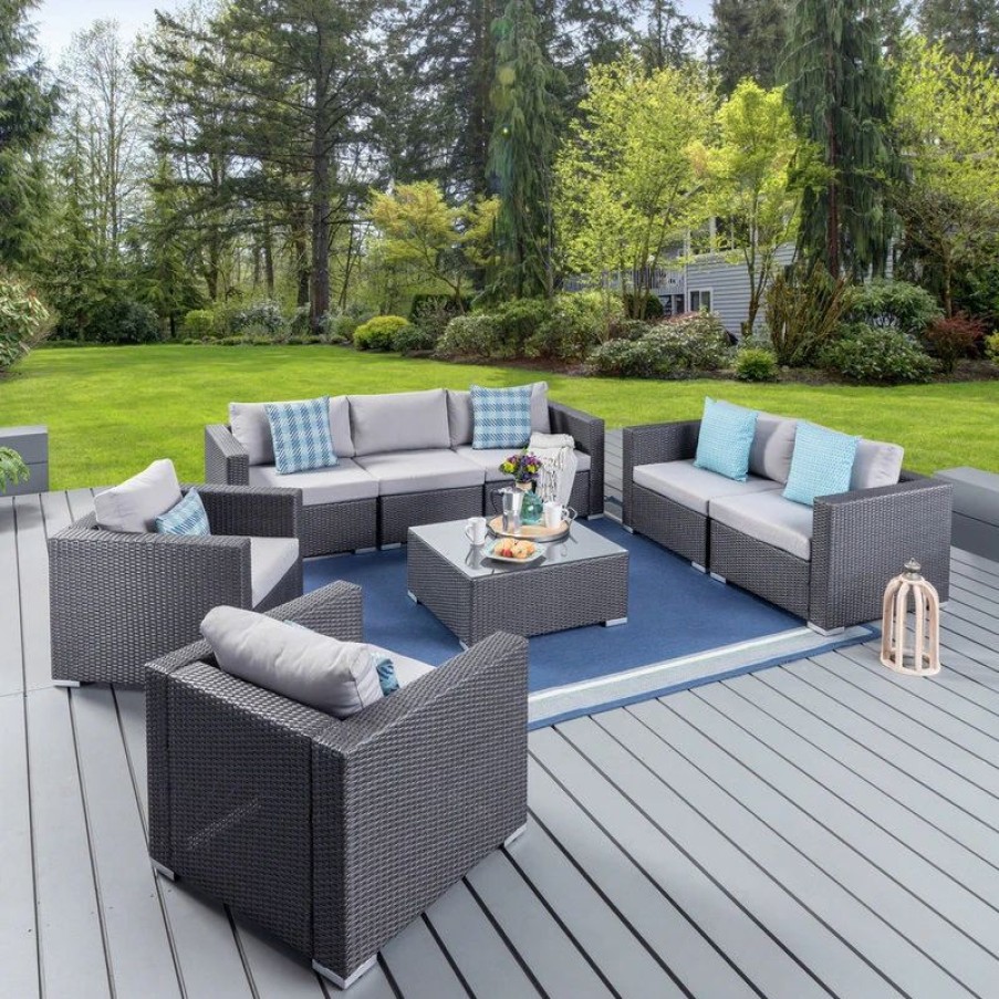 Outdoor Lounge Furniture * | Gdfstudio Gdf Studio Samuel Outdoor 7 Seater Wicker Sofa Chat Set With Cushions, Gray/Silv