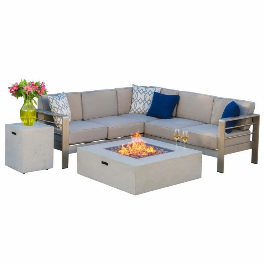 Outdoor Lounge Furniture * | Gdfstudio Gdf Studio Crested Bay Outdoor Aluminum Framed Sofa Set With Fire Table, Light G