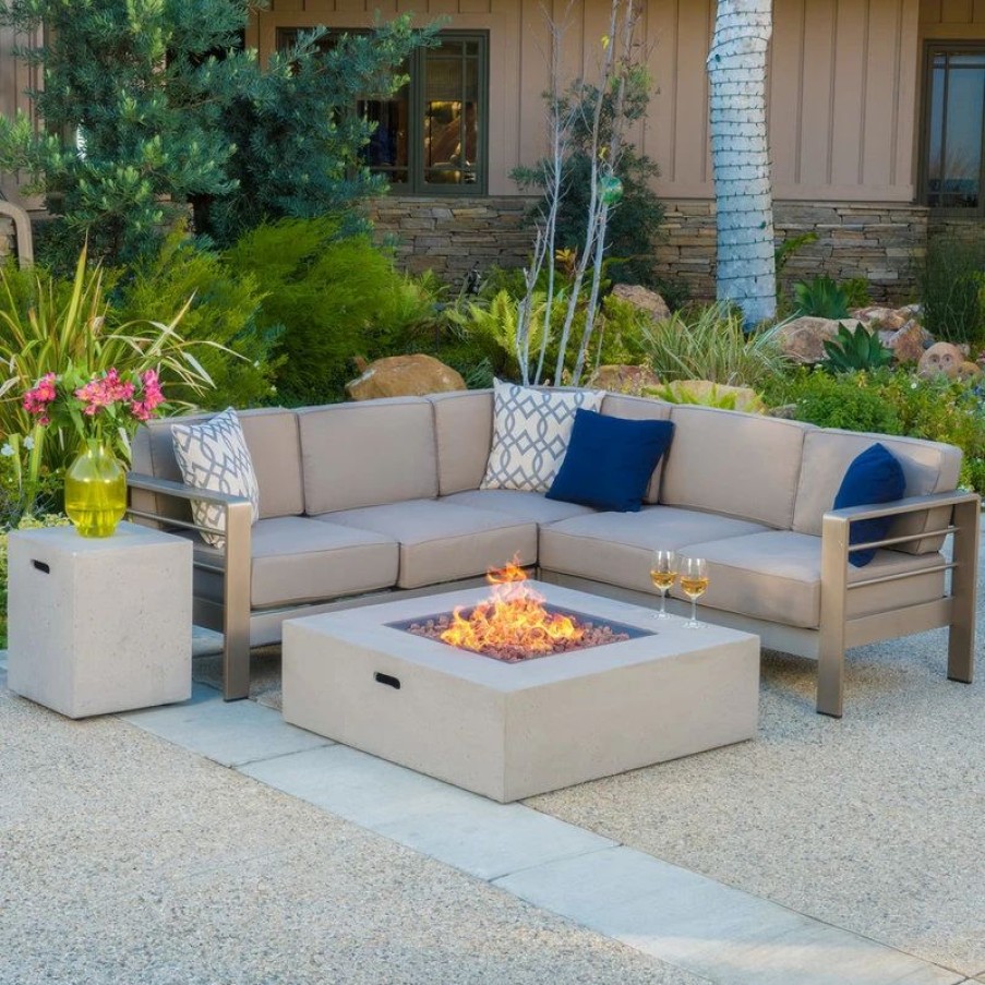 Outdoor Lounge Furniture * | Gdfstudio Gdf Studio Crested Bay Outdoor Aluminum Framed Sofa Set With Fire Table, Light G