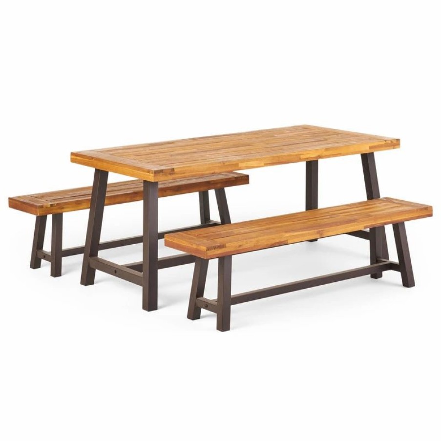 Outdoor Dining Furniture * | Gdfstudio Carlisle Outdoor 3 Piece Acacia Wood Picnic Dining Set With Benches