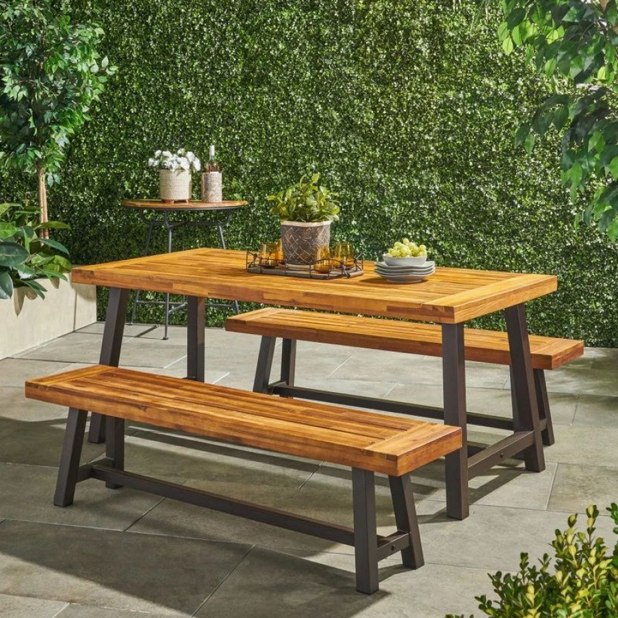 Outdoor Dining Furniture * | Gdfstudio Carlisle Outdoor 3 Piece Acacia Wood Picnic Dining Set With Benches