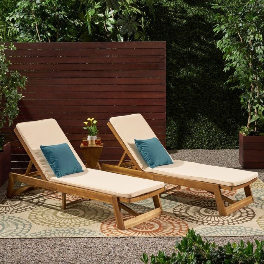 Outdoor Chairs * | Gdfstudio Astrid Outdoor Acacia Wood Chaise Lounge And Cushion Sets, Set Of 2, Cream