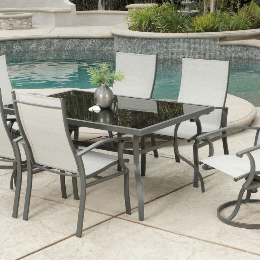 Outdoor Dining Furniture * | Pacific Casual Bristol 7Pc Sling Swivel Dining Set With Glass Top Table