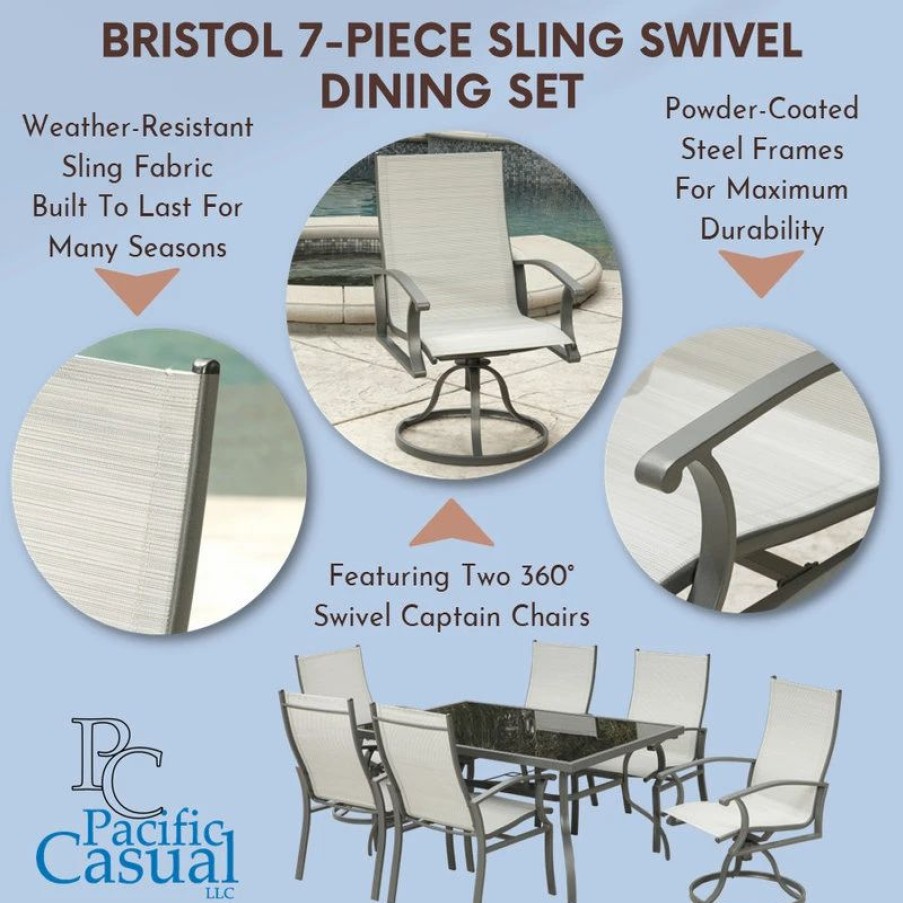 Outdoor Dining Furniture * | Pacific Casual Bristol 7Pc Sling Swivel Dining Set With Glass Top Table