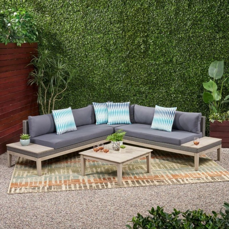 Outdoor Lounge Furniture * | Gdfstudio Samuel Outdoor Wood/Wicker 5-Seater Sectional Sofa With Water-Resistant Cushions