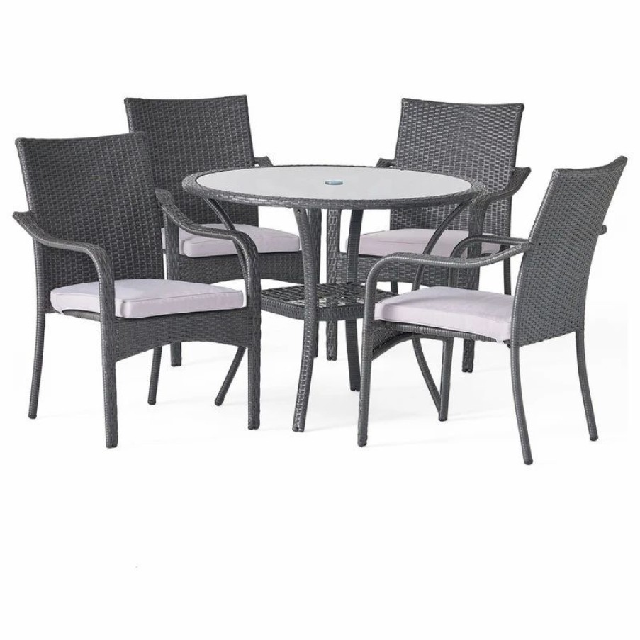 Outdoor Dining Furniture * | Gdfstudio Gdf Studio 5-Piece Kadelyn Outdoor Gray Wicker Dining Set