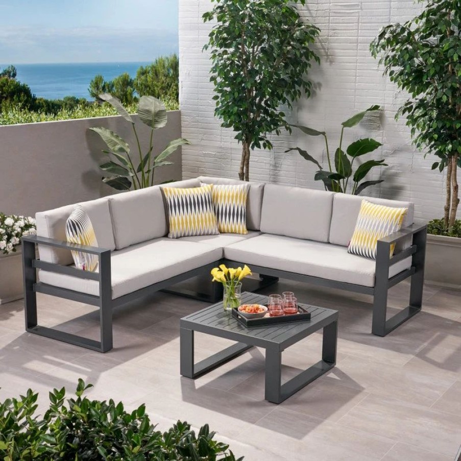 Outdoor Lounge Furniture * | Gdfstudio Queena Outdoor Aluminum Sofa Sectional With Coffee Table