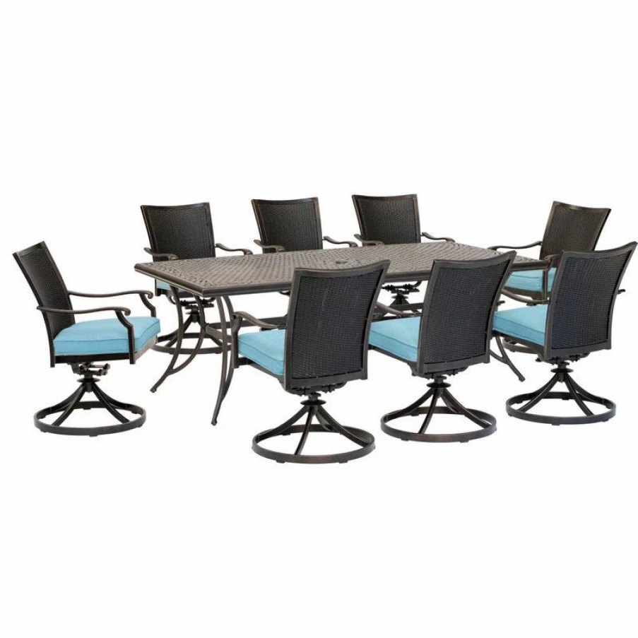 Outdoor Dining Furniture * | Hanover Traditions 9-Piece Dining Set, Cast-Top Table, Blue/Bronze