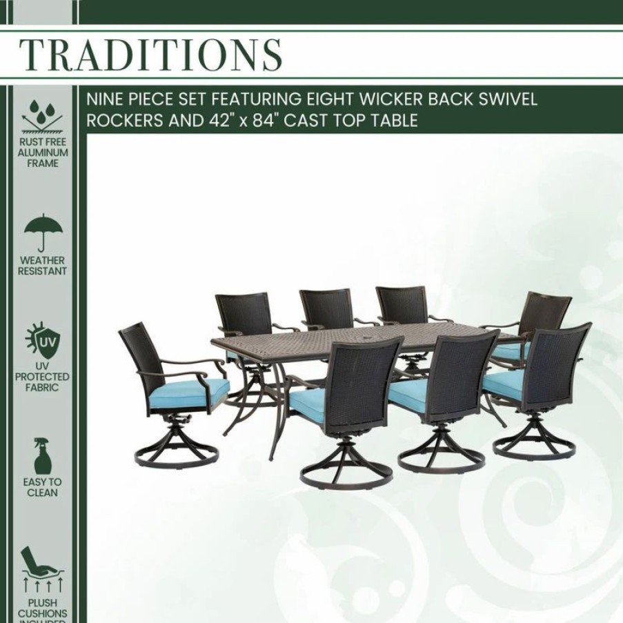 Outdoor Dining Furniture * | Hanover Traditions 9-Piece Dining Set, Cast-Top Table, Blue/Bronze