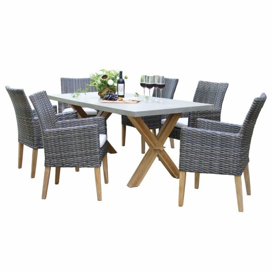 Outdoor Dining Furniture * | Outdoor Interiors 7-Piece Teak And Composite Top Table Set With Slate Brown Dining Chairs