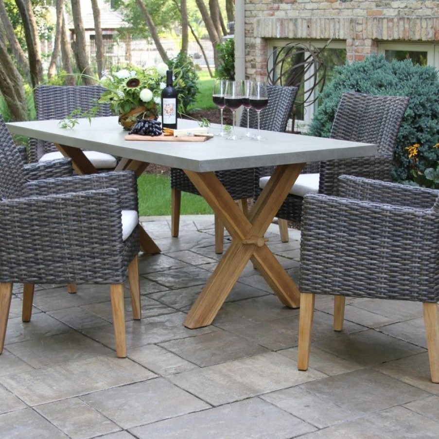 Outdoor Dining Furniture * | Outdoor Interiors 7-Piece Teak And Composite Top Table Set With Slate Brown Dining Chairs