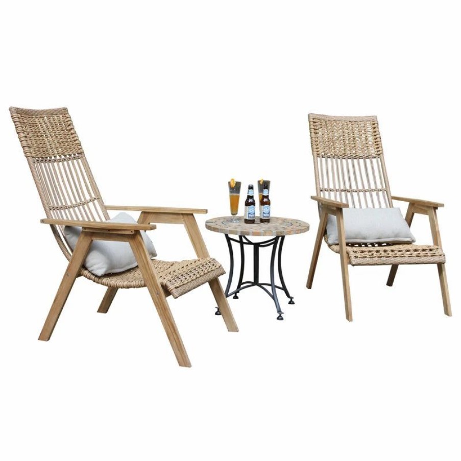 Outdoor Lounge Furniture * | Outdoor Interiors 3-Piece Teak Bohemian Basket Lounger Set With Matte Stone Accent Table