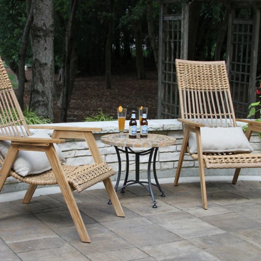 Outdoor Lounge Furniture * | Outdoor Interiors 3-Piece Teak Bohemian Basket Lounger Set With Matte Stone Accent Table