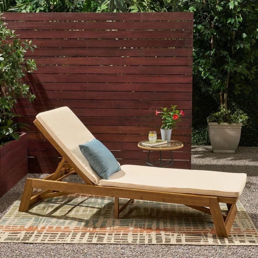 Outdoor Chairs * | Gdfstudio Charlotte Outdoor Acacia Wood Chaise Lounge And Cushion Set, Cream