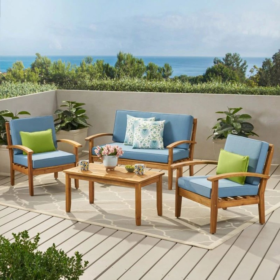 Outdoor Lounge Furniture * | Gdfstudio Gdf Studio 4-Piece Peyton Acacia Wood Chat Set With Water Resistant Cushions, Blue