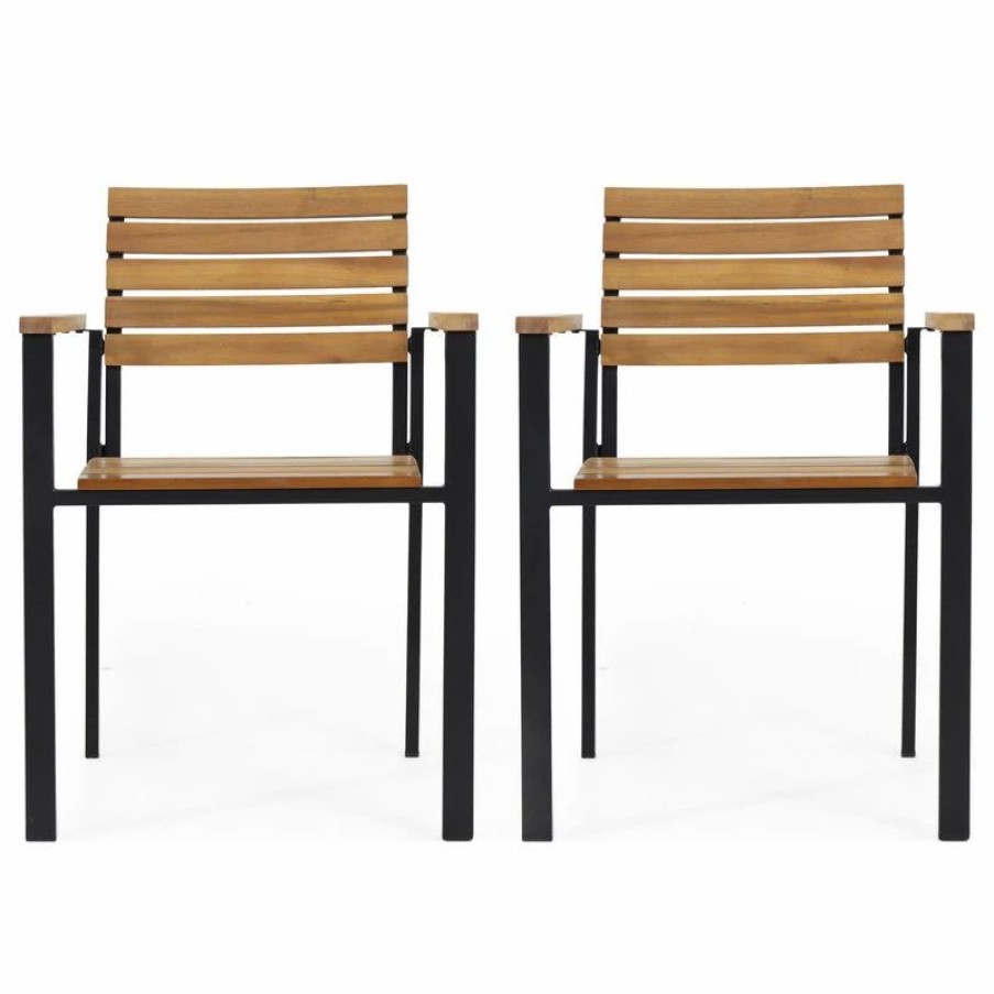 Outdoor Chairs * | Gdfstudio Alberta Outdoor Wood And Iron Dining Chairs, Set Of 2, Teak Finish, Black