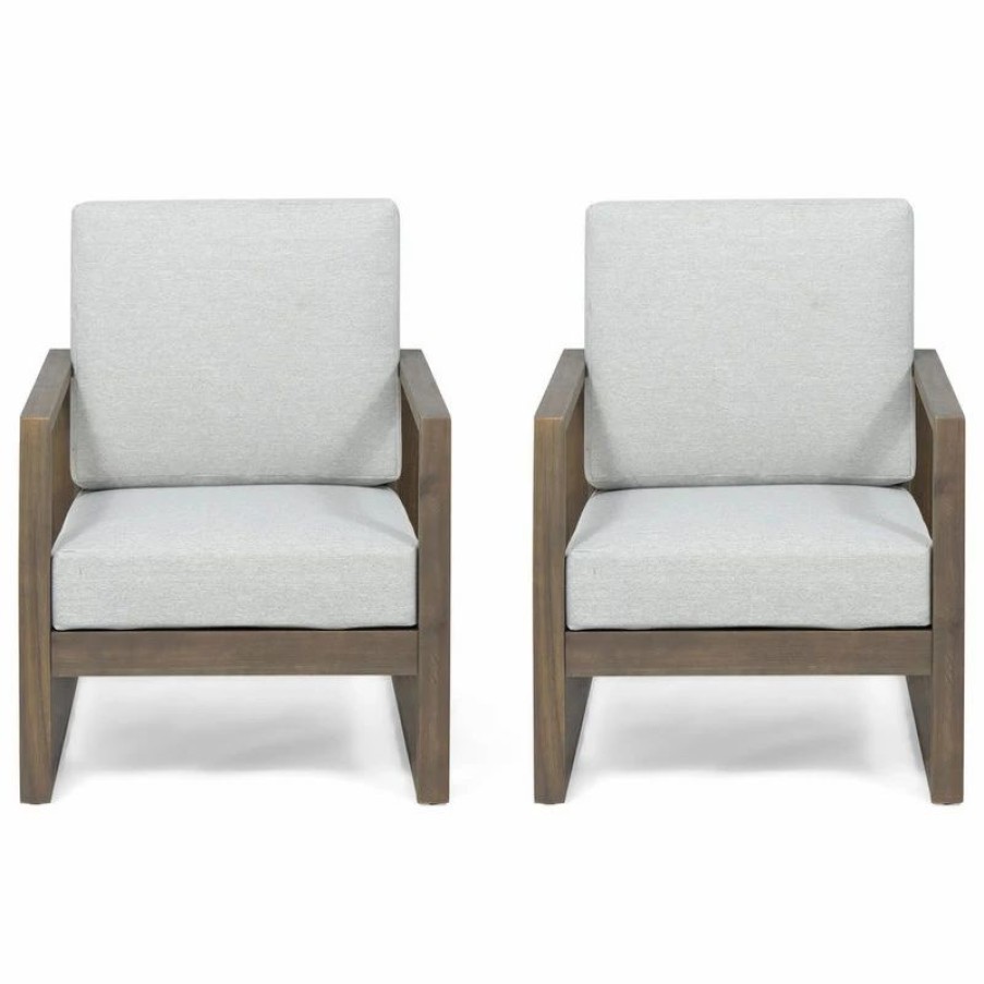 Outdoor Lounge Furniture * | Gdfstudio Mavis Outdoor Acacia Wood Club Chair With Cushions, Set Of 2, Gray