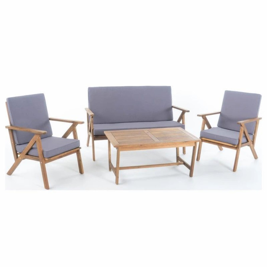 Outdoor Lounge Furniture * | Gdfstudio Gdf Studio 4-Piece Manarola Outdoor Natural Wood Finish Chat Set With Cushions