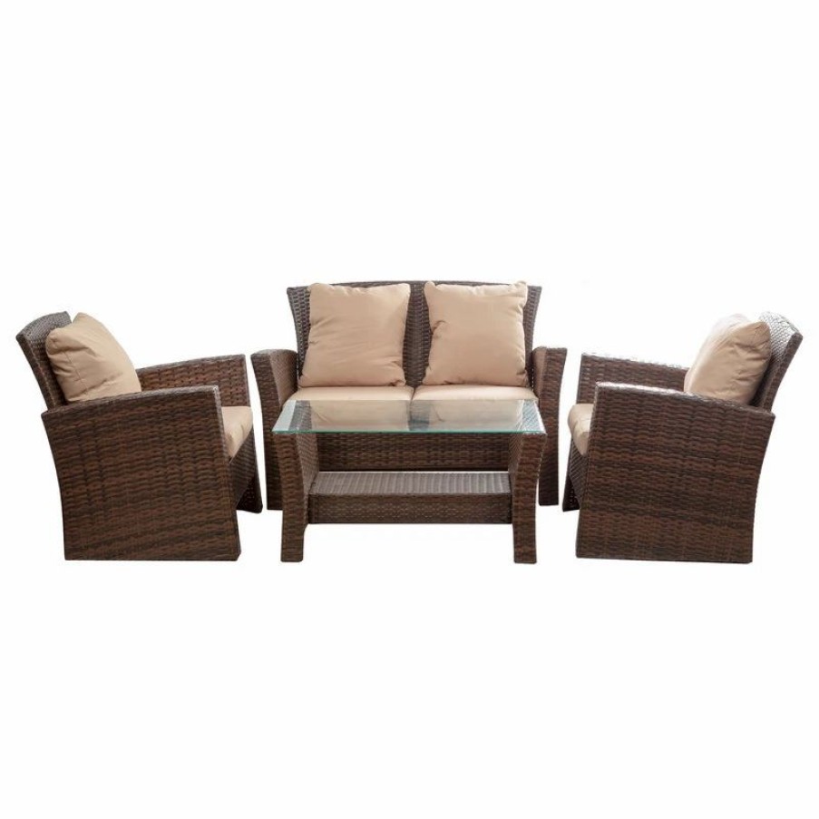 Outdoor Lounge Furniture * | Belleze 4-Piece Patio Conversation Set, Wicker, Brown