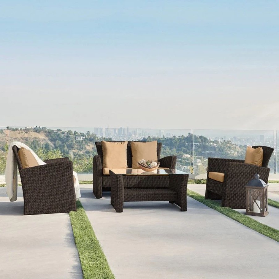 Outdoor Lounge Furniture * | Belleze 4-Piece Patio Conversation Set, Wicker, Brown