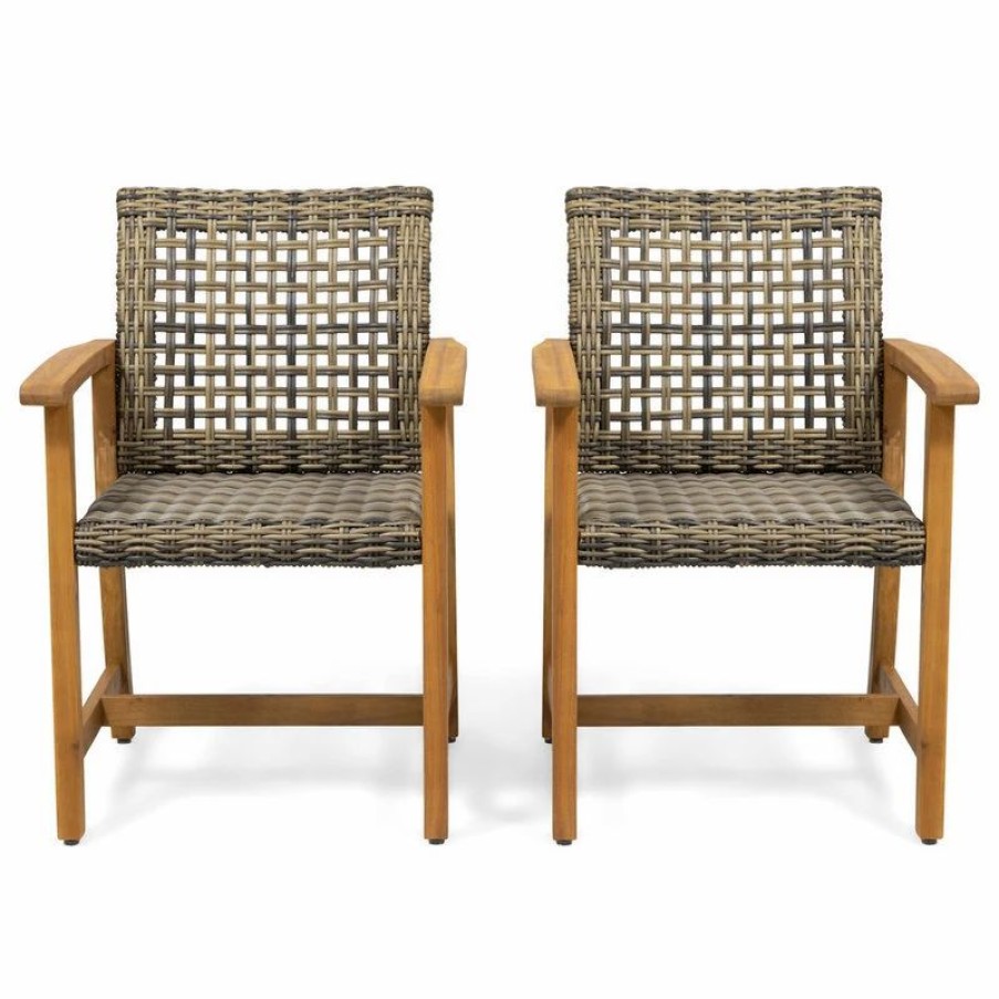 Outdoor Chairs * | Gdfstudio Clementine Outdoor Acacia Wood And Wicker Dining Chair, Set Of 2