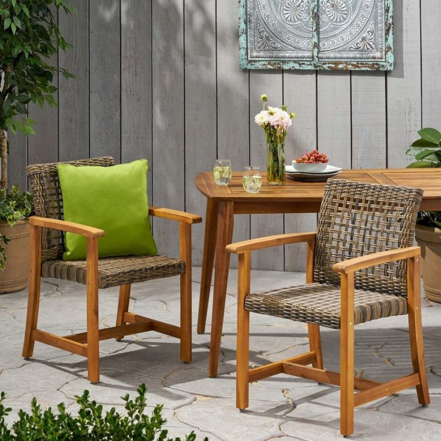 Outdoor Chairs * | Gdfstudio Clementine Outdoor Acacia Wood And Wicker Dining Chair, Set Of 2