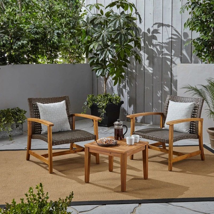 Outdoor Lounge Furniture * | Gdfstudio Alyssa Outdoor 3-Piece Wood And Wicker Club Chairs And Side Table Set, Mixed Moc