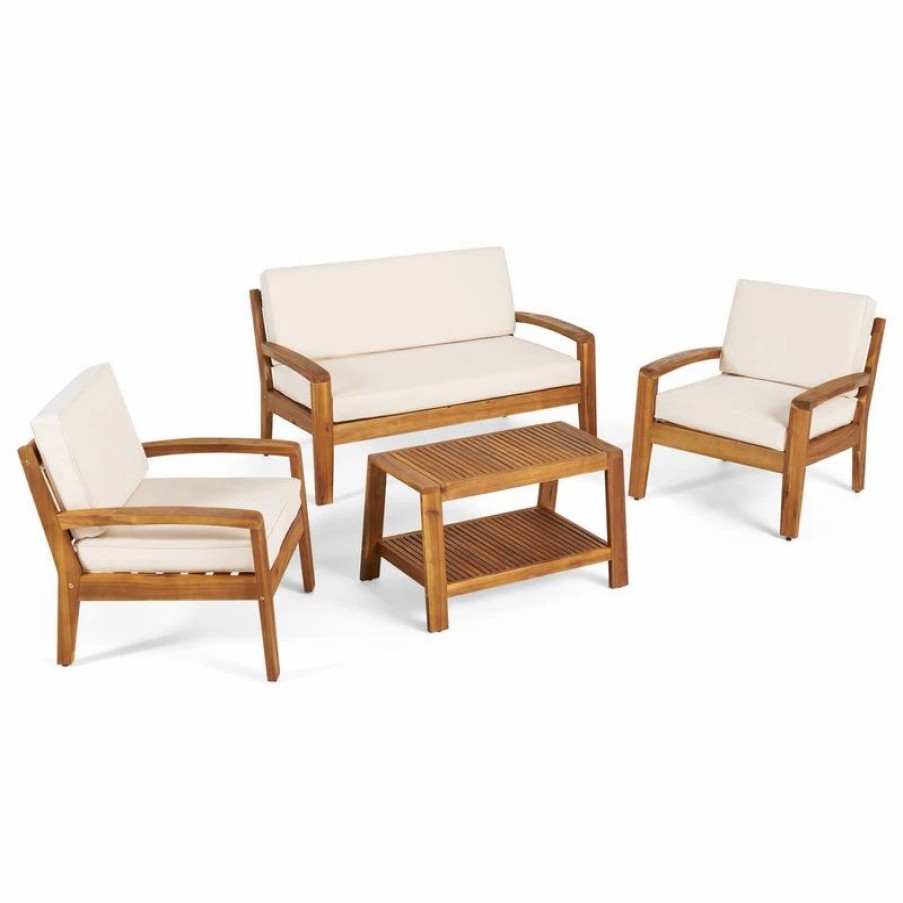 Outdoor Lounge Furniture * | Gdfstudio Gdf Studio 4-Piece Parma Outdoor Wood Chat Set, Beige