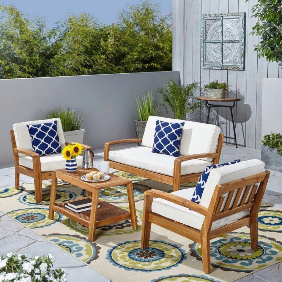 Outdoor Lounge Furniture * | Gdfstudio Gdf Studio 4-Piece Parma Outdoor Wood Chat Set, Beige