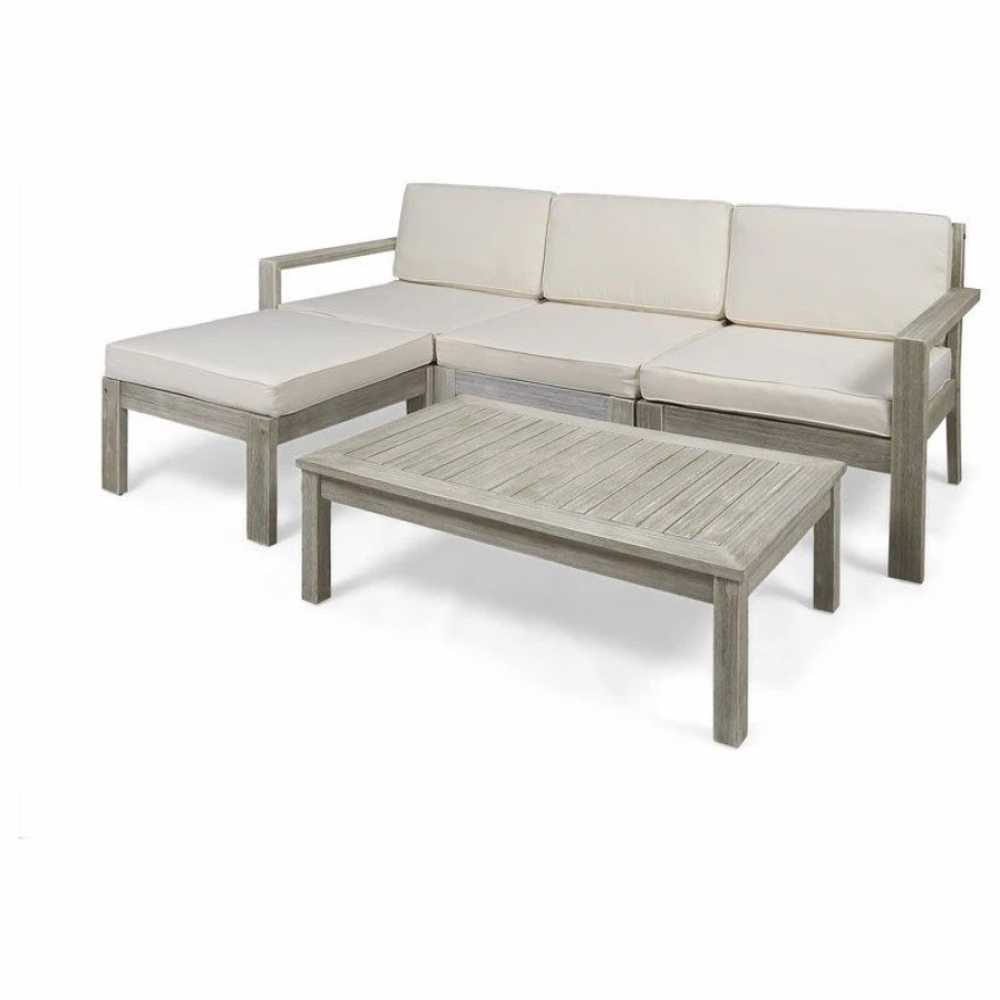 Outdoor Lounge Furniture * | Gdfstudio Isabella Ana Outdoor 3-Seater Acacia Wood Sofa With Cushions, Cream