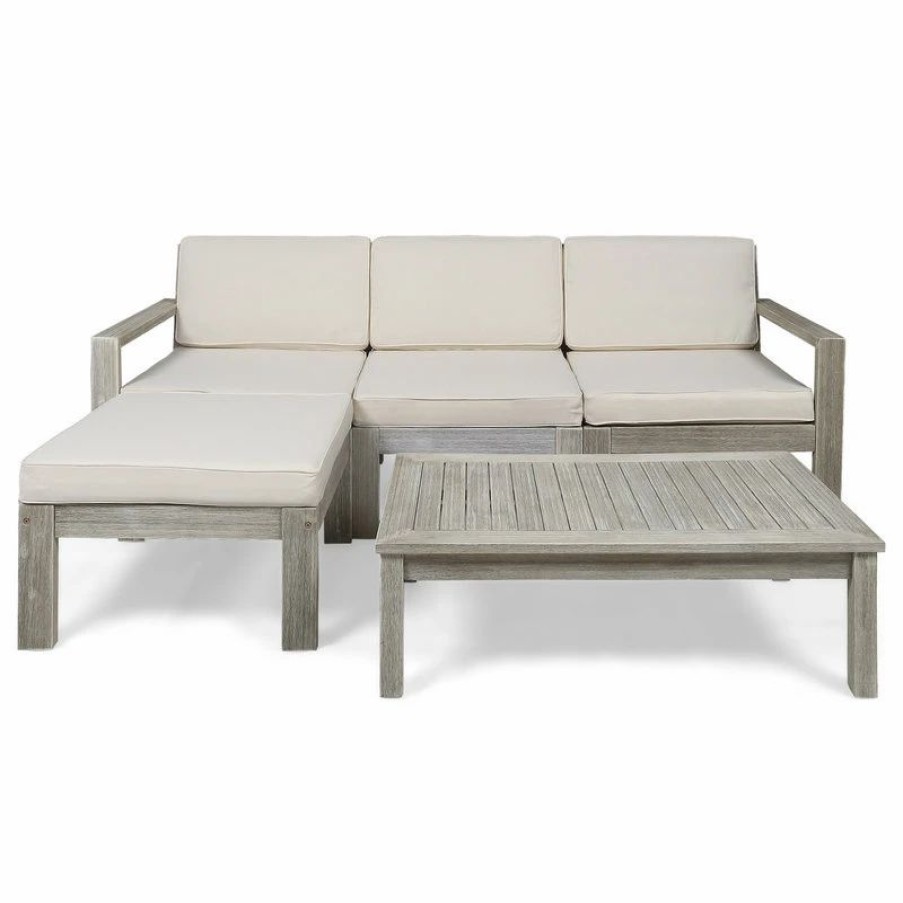 Outdoor Lounge Furniture * | Gdfstudio Isabella Ana Outdoor 3-Seater Acacia Wood Sofa With Cushions, Cream