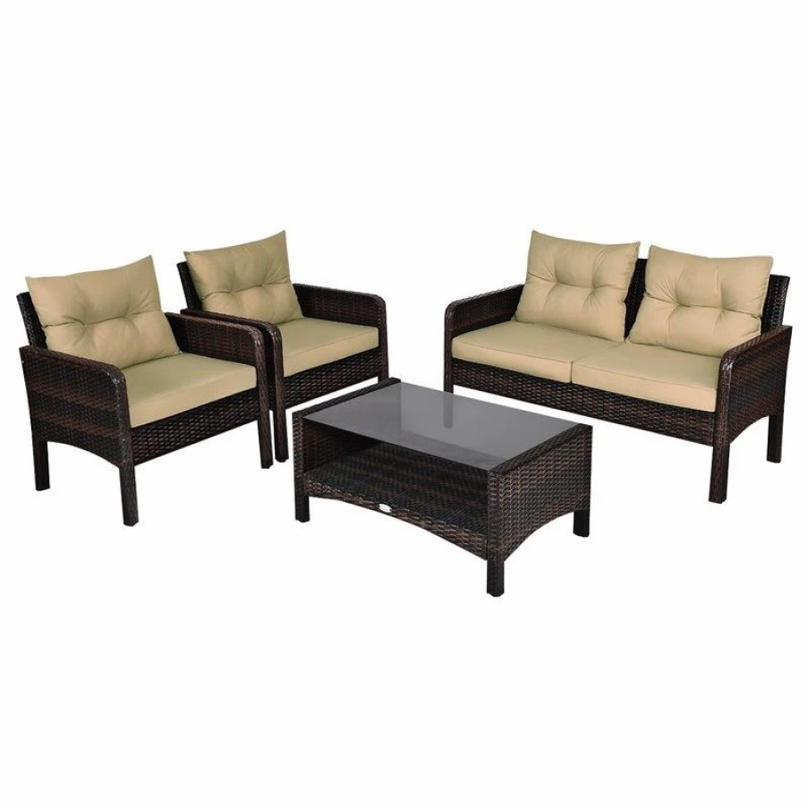 Outdoor Lounge Furniture * | Costway 4Pcs Patio Rattan Furniture Set Loveseat Coffee Table Garden Cushioned